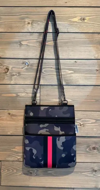 Julia Rose Camo Neoprene Crossbody Bag, Red Stripe & Star Strap - Picture 1 of 8